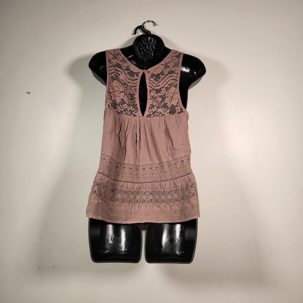AMERICAN EAGLE Tank Blouse Women Small Light Chocolate Brown Lace Floral Crochet - Picture 3 of 10